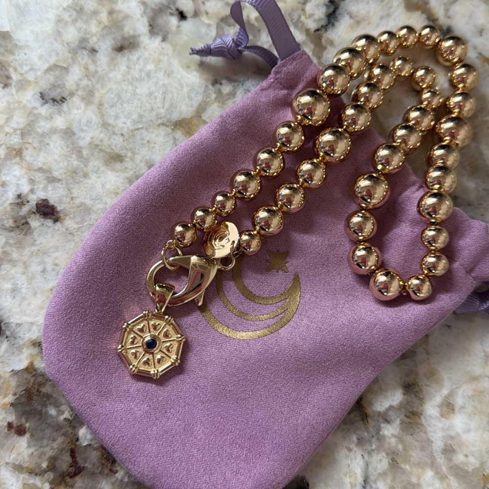 Jane Win Gold Beaded Necklace with Sapphire Pendant